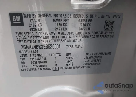 2014 Chevrolet Captiva Sport Ltz z USA, uszkodzony, nr VIN 3GNAL4EK3ES626081